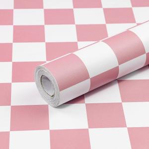 CAX Checkerboard Peel and Stick Wallpaper 17.3"x120"Pink and White Contact Paper Self-Adhesive Removable Vinyl Roll Waterproof Checkered Wallpaper for Bathroom Cabinets Shelf