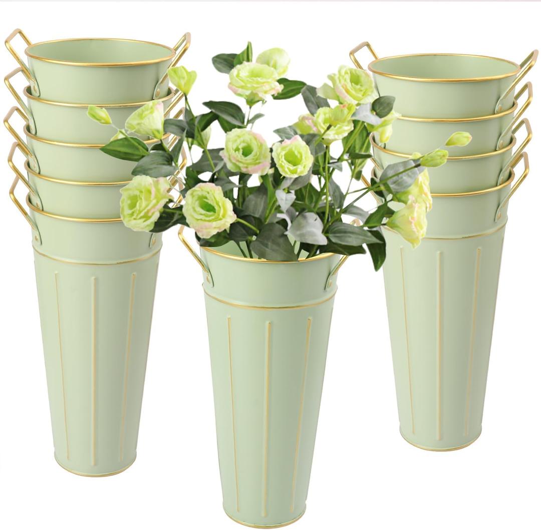 10 PCS 9 Inch Tall Galvanized Flower Buckets, Metal Flower Vase, Rustic Farmhouse French Flower Buckets with Handles for Wedding, Home Dcor(Green)