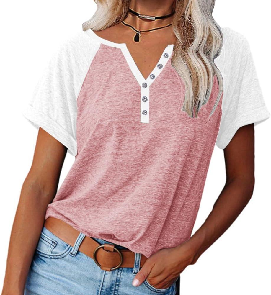 Womens Shirts Summer Henley V Neck Color Block Tshirts Raglan Short Sleeve Casaul Trendy Tops (Pink)