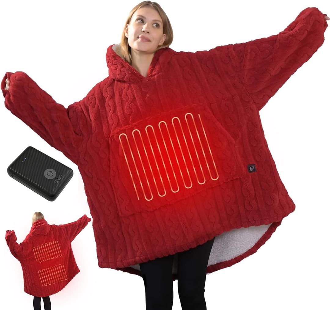 Dowin Heated Wearable Blanket Battery Powered, Come with 5000mAh Portable Rechargeable Charger, Cordless Wireless USB Fannel Sherpa Oversized Hoodie Sweatshirt, Machine Washable, Christmas Red