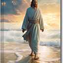 LZIMU Jesus Canvas Wall Art Jesus Walking on the Beach Picture Prints God Posters Catholic Artwork for Spiritual Room Bedroom Home Decor Framed (Jesus-3, 12.00"x18.00")