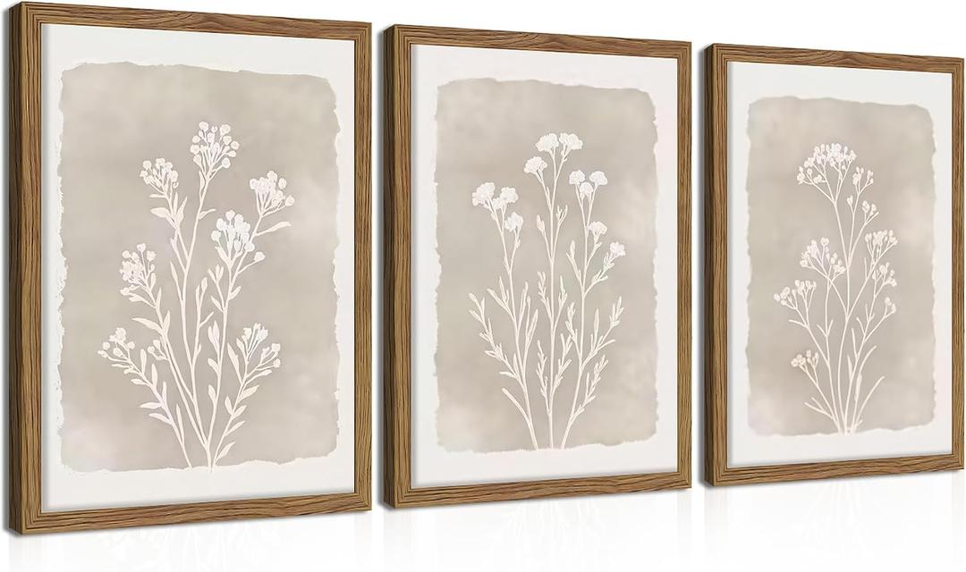 Framed Boho Botanical Flower Wall Art Set of 3, Vintage Minimalist Neutral Floral Wall Decor Paintings, Rustic Farmhouse Wildflower Artwork Prints Picture for Living Room Bedroom Bathroom 16x24 Inch
