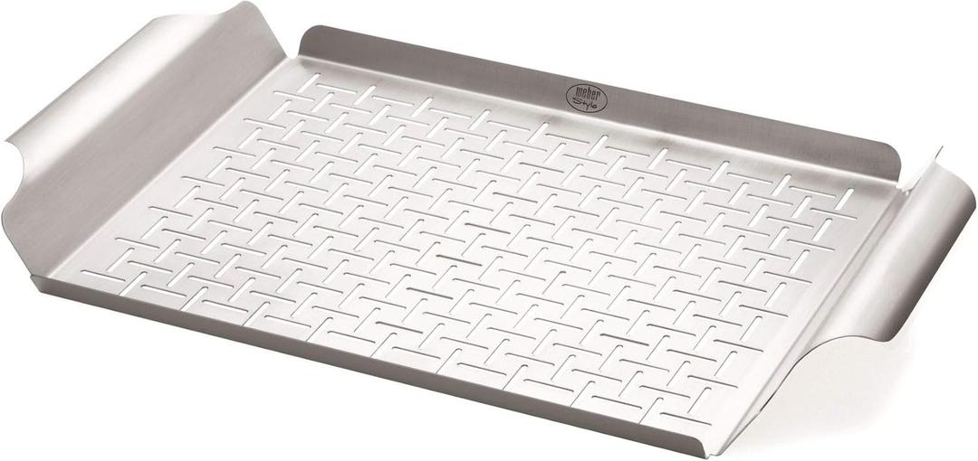 Weber Grill Pan Durable Stainless Steel Pan for Small or Delicate Foods, 1/8" Slits for Drainage, Wide Carry Handles