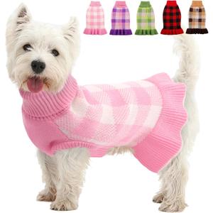 Dog Sweater Dress Plaid Knitwear for Small Medium Dogs Warm Puppy Pet Turtleneck Stretch Pullover Cute Fall Winter Vest Clothes with Leash Hole for Christmas (Pink)