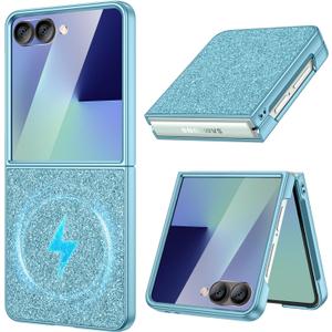 Maxdara for Z Flip 7 Magnetic Case, Bling Galaxy Z Flip 7 Case with Built-in Outer Screen Protector Luxury Slim Cover, Light Blue