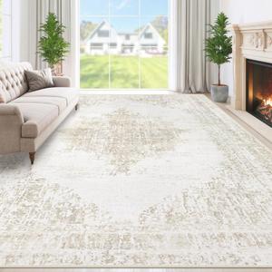Area Rug 8x10 Washable Rugs: Large Living Room Rug Vintage Medallion Rugs Low Pile Distressed Indoor Retro Carpet for Bedroom Kitchen Dining Room Home Office (Beige, 8' x 10')