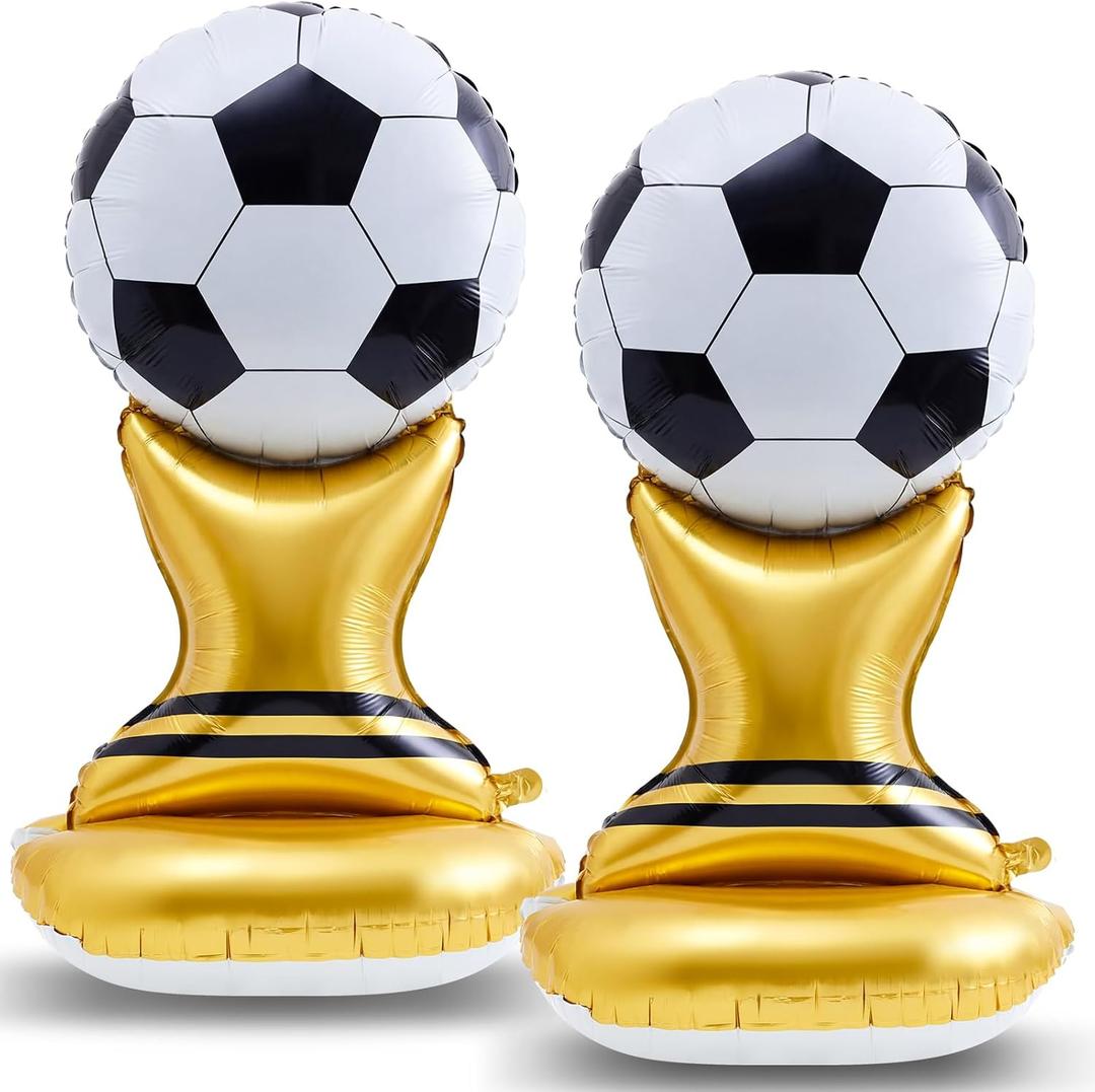 Soulchen 2 Pcs 3.5 ft Giant Self Standing Soccer Foil Balloons for Birthday Sports Themed Party Decoration Supplies (World Trophy)