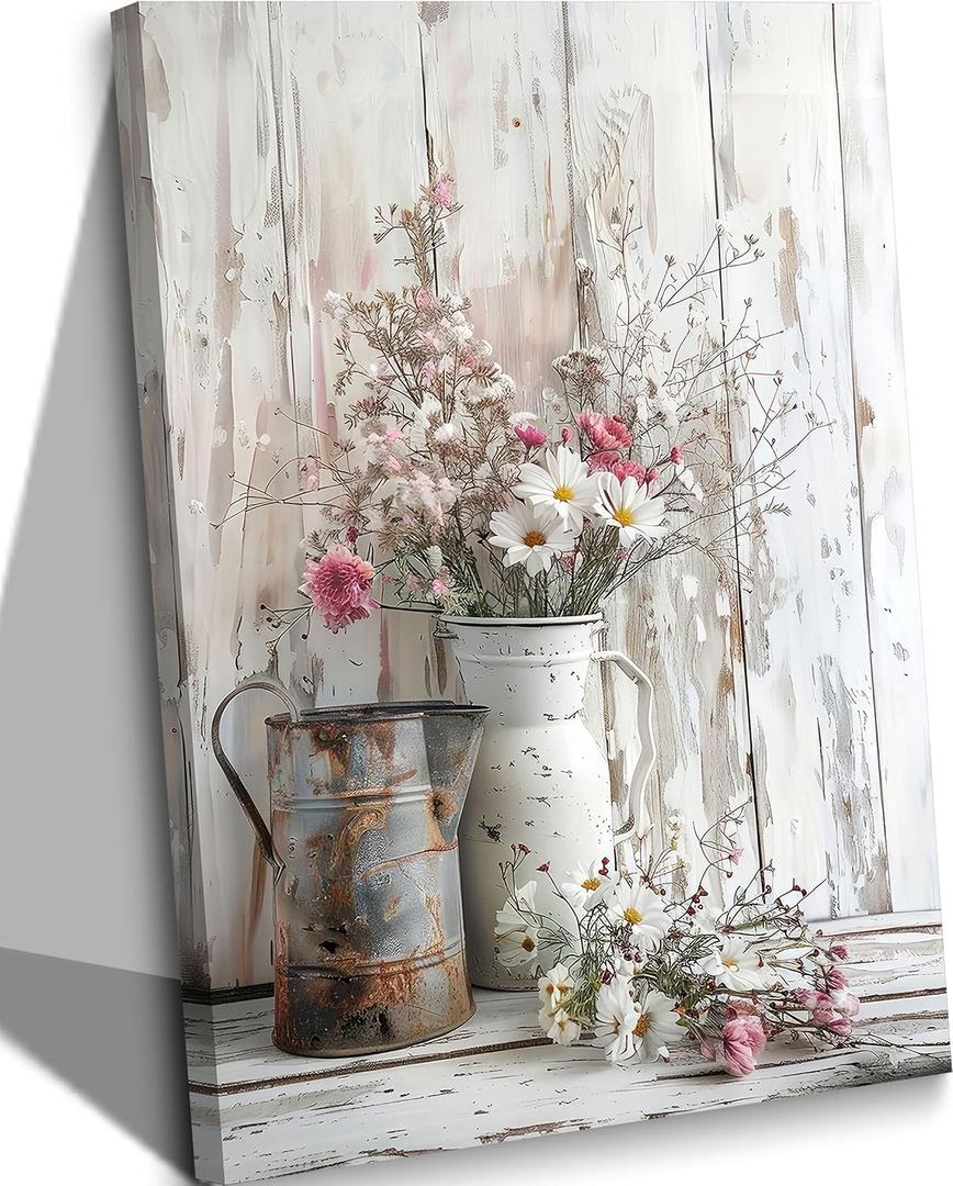 Rustic Farmhouse Floral Canvas Wall Art, White Pink Daisy Print 16x24in