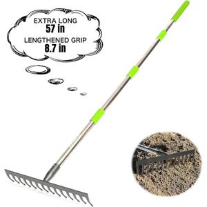 Joyhalo 14-Tine Garden Rake - Adjustable Length 30.5 to 57 Inch, Metal, Levels Soil & Rocks (14 Tines)