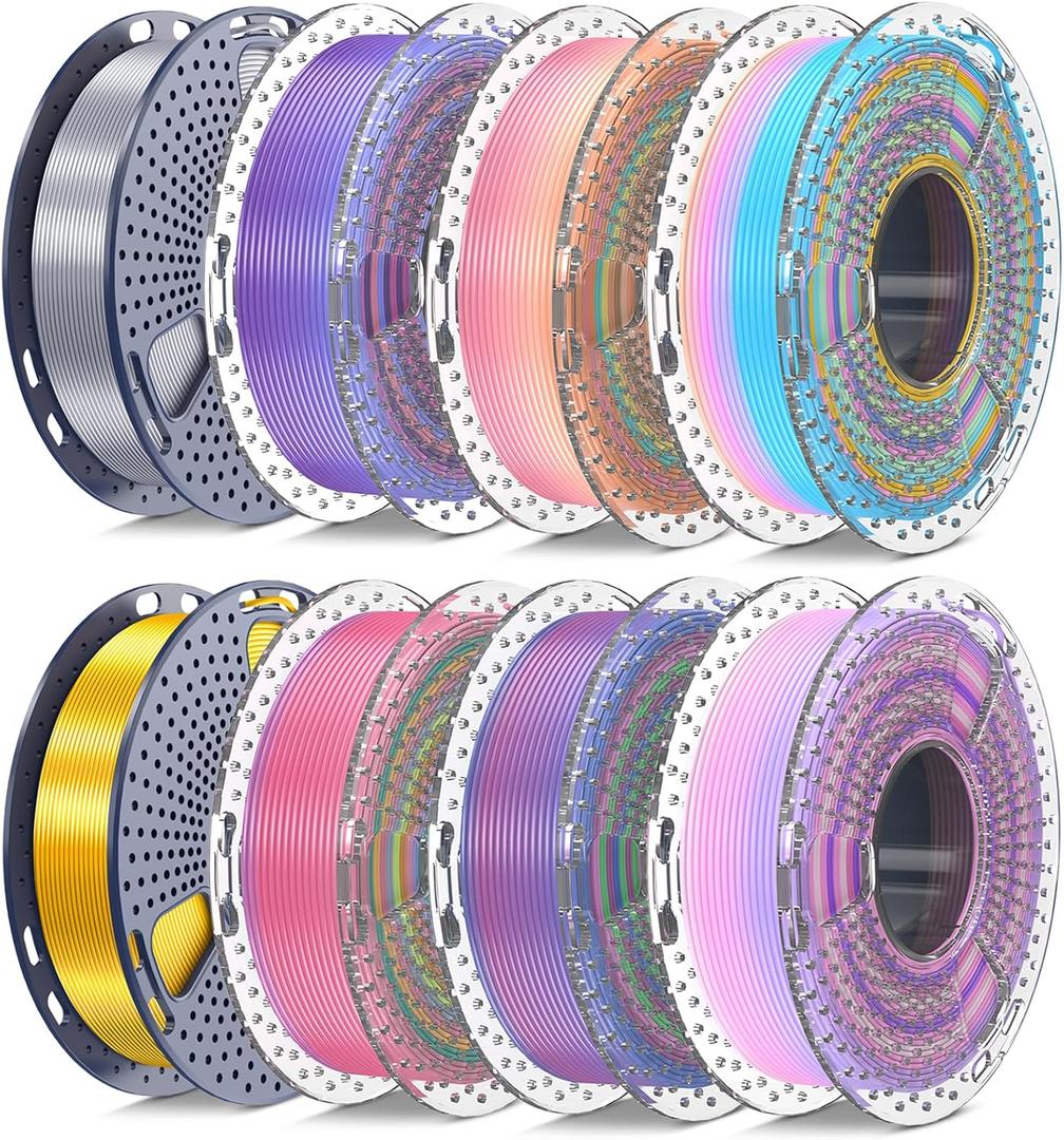 SUNLU Silk PLA+ Filament 1.75mm Multicolor 250gx8, Silky Glossy PLA Plus 3D Printer Filament Bundle, 6 Rainbow Series+Gold+Silver