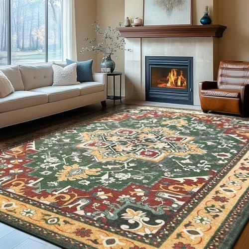Rugflix 8x10 Area Rugs Machine Washable, Plush Carpet for Living Room, Oriental Indoor Area Rug Low Pile, Large Soft Thick Carpets Non Slip, Farmhouse Vintage Rug for Bedroom Dining Room, Red/Green