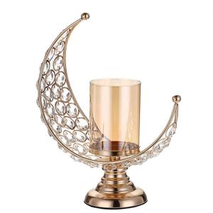 OwnMy Moon Shaped Crystal Pillar Candle Holder Tealight Holder with Glass Cover, Metal Crystal Moon Pillar Candle Stand Votive Candlestick Candle Lamp for Dining Table Centerpiece Wedding (Gold)
