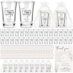 100 Set Wedding Favors for Guests Wedding Shot Glasses Forever and Always Acrylic Clear Mr and Mrs Wine Glasses with Thank You Card Organza Bag Bridal Shower Souvenirs Gift