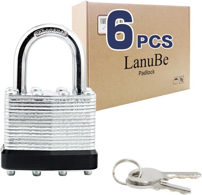 LanuBe Lock Laminated keyed Padlock (1-9/16", 40mm), keyed Alike Locks, Normal Shackle,Marked Black Plastic Hoop, Pack of 6