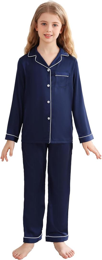 Veseacky Match With Family Satin Pajamas Holiday Homewear Satin Silk Button Down PJ Set (Navy blue, 150)