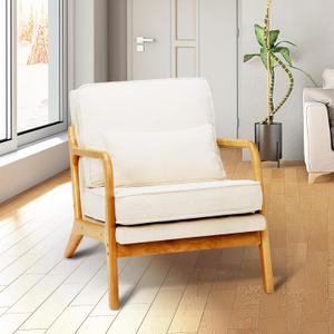 COLAMY Mid Century Modern Accent Chair with Lumbar Pillow, Relaxing Armchair with Solid Wood Frame & Soft Cushion, Reading Leisure Chair for Living Room, Bedroom, Waiting Room Beige (Oversized)