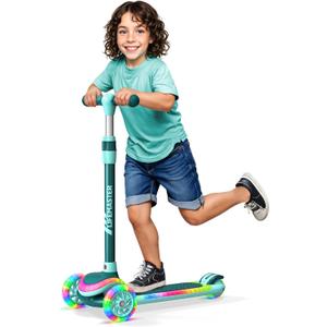 3-Wheel Kids Scooter with Multi-Color Lights on Deck & Wheels  5-Height Adjustable Handlebar, Wide Anti-Slip Deck, Child Safety Certified, Boys & Girls Ages 3+ Supports Up to 150 lbs (Aqua)