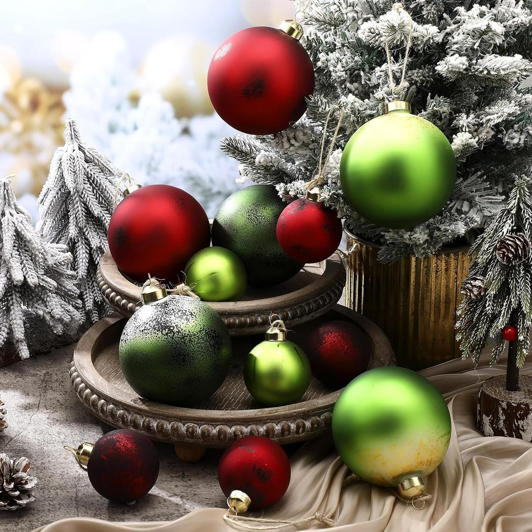 12 Pcs Red and Green Matte Glass Christmas Ornament 4 Inch 2.36 Inch Vintage Neutral Metallic Christmas Ornament Xmas Tree Ball Decoration Textured Glass Ball with Loop for Xmas Decor Party Supplies