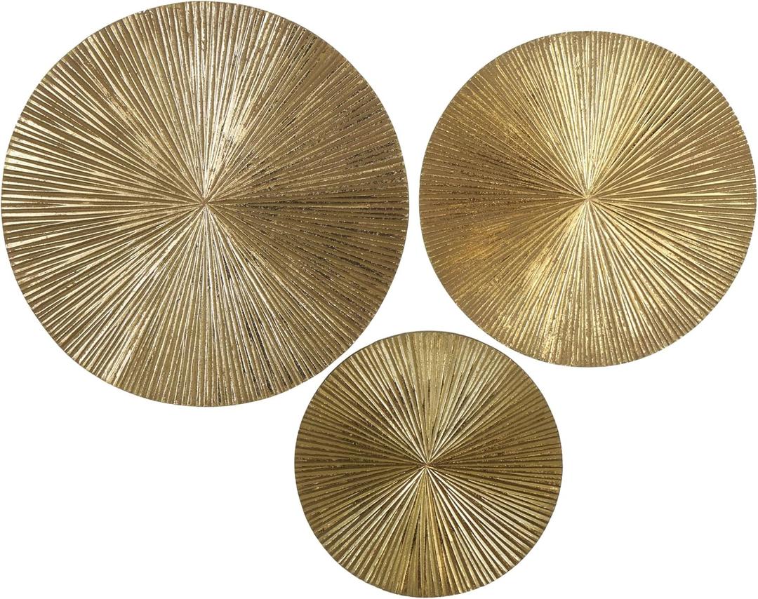 CosmoLiving by Cosmopolitan Wooden Plate Home Wall Decor Carved Radial Wall Sculpture, Set of 3 Wall Art 24", 20", 16"H, Gold