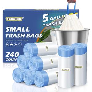 240 Count 5 Gallon Trash Bags Drawstring 1.1 Mil - 18 Liter Small Garbage Bags for Bathroom, Strong Unscented White Plastic Wastebasket Bin Liners for Kitchen Office Toilet and Bedroom