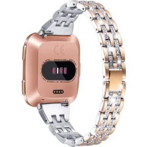 Bands Compatible with Fitbit Versa 2/Versa Lite/Versa, Women Replacement Metal Rhinestone Bling Bracelet Wristband, Copper Gold with Silver