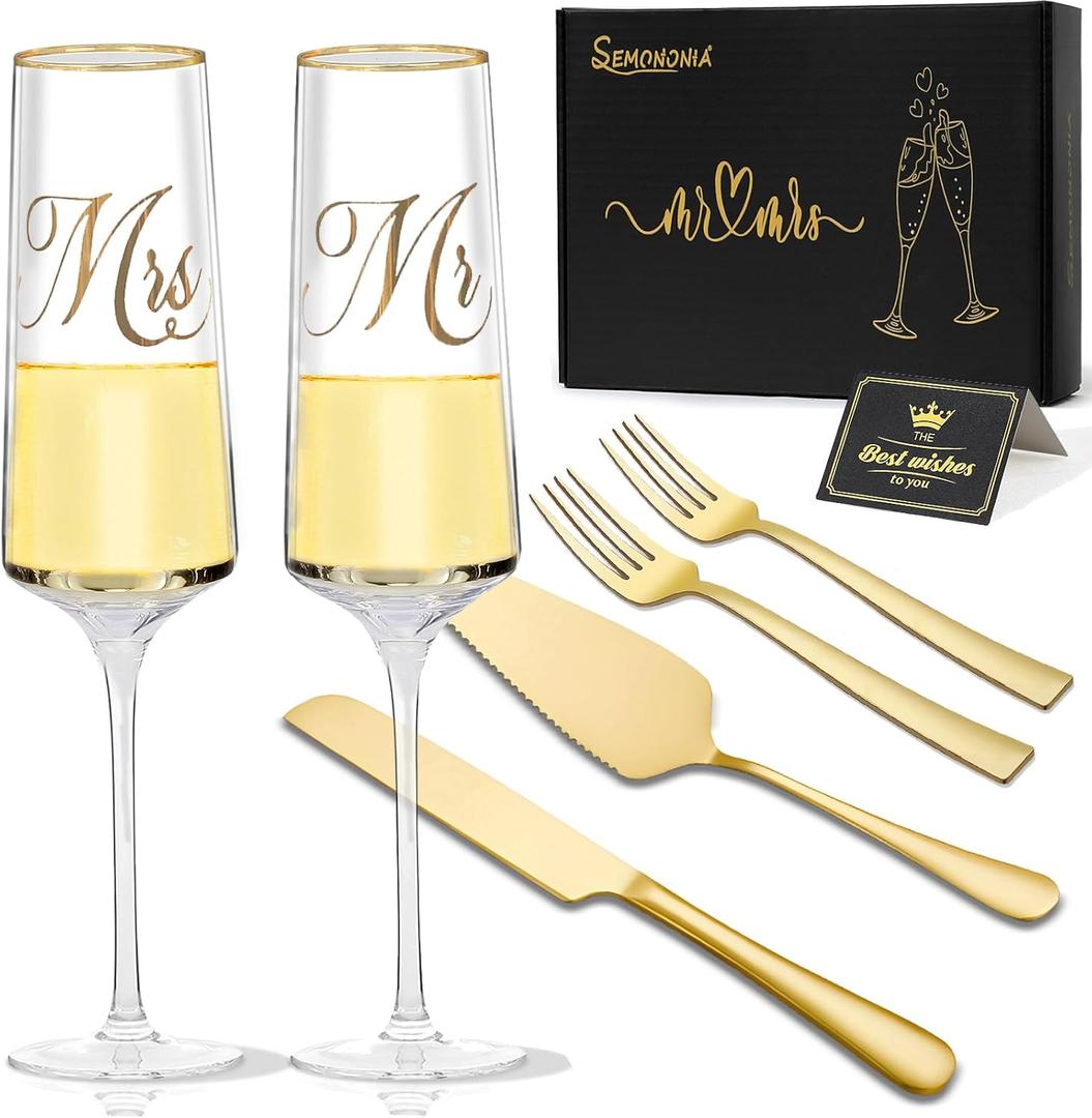 Mr and Mrs Champagne Flutes, Wedding Cake Cutting Set of 6, Bride and Groom Champagne Glasses, Wedding Cake Knife and Server Set, Bridal Shower Gift, Engagement for Couple Newlyweds (Gold)