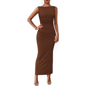 PRETTYGARDEN Women's 2026 Summer Semi Formal Midi Dresses Sleeveless Ruched Bodycon Long Elegant Cocktail Wedding Guest Dress (Coffee,Medium)