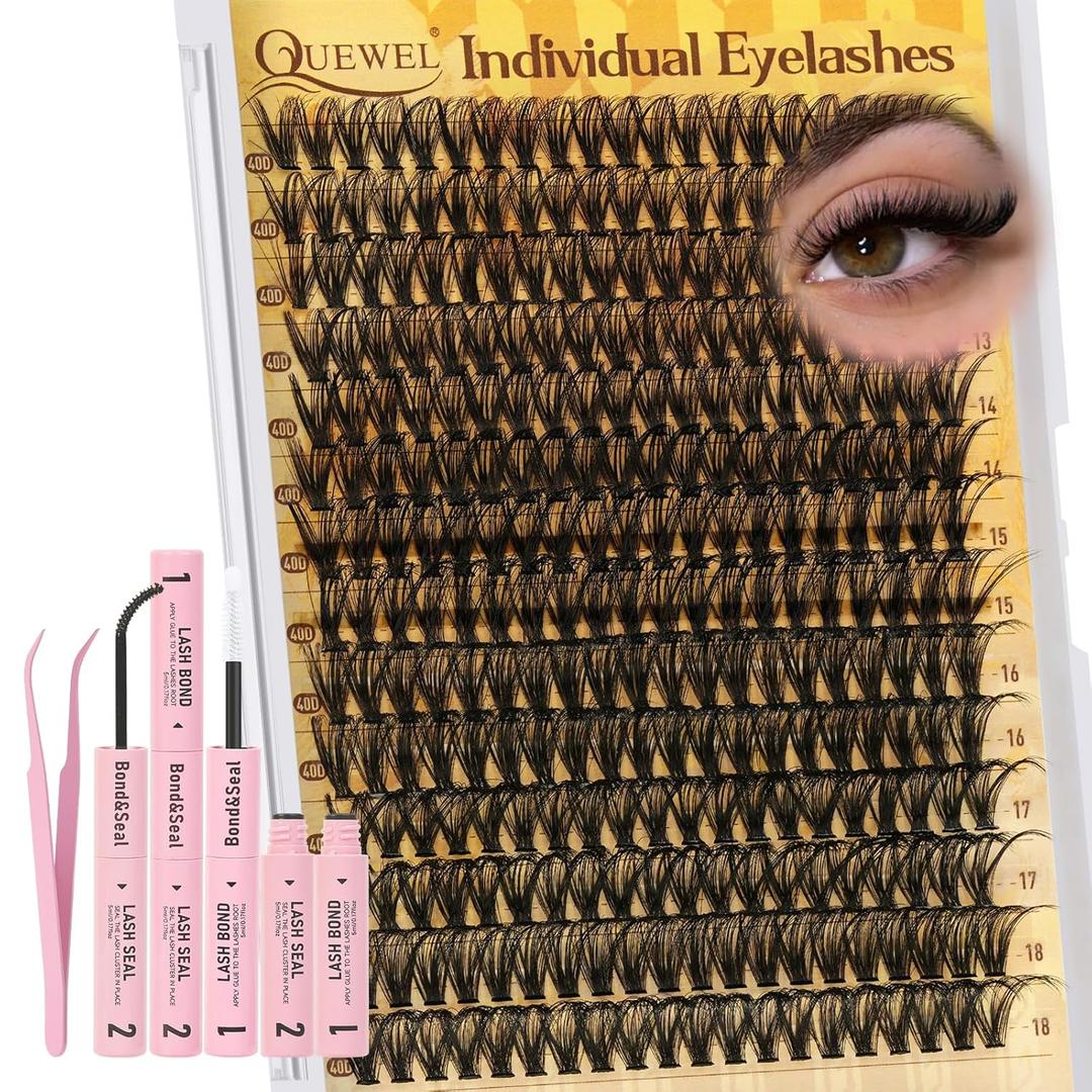 QUEWEL Lash Clusters Kit, 280 Pcs Lash Clusters 40D 12-18mm Thin Band Lashes Clusters Natural Look Eyelash Extension Kit With Lashes Bond Seal Eyelashes Tweezers (LSTZ-40D)