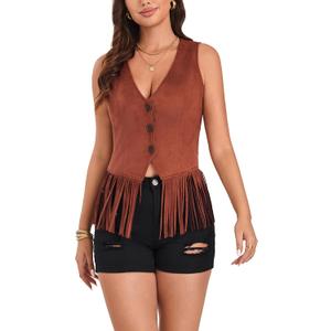 retro button suede vest sexy V-neck women's short top sleeveless casual vest jacket (Brown, M)