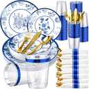 350 Pcs Plastic Dinnerware Set for 50 Guests Include 50 Dinner Plates, 50 Dessert Plates, 50 Pre Rolled Napkins with Gold Silverware, 50 Cups for Party(Blue and White Porcelain)