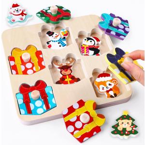 DIYDEC Christmas Wooden Pegged Puzzles 6pcs Christmas Animals Matching Gifts Box Puzzles Xmas Montessori Toys for Toddlers Kids Xmas Stocking Stuffers Toys Party Favors