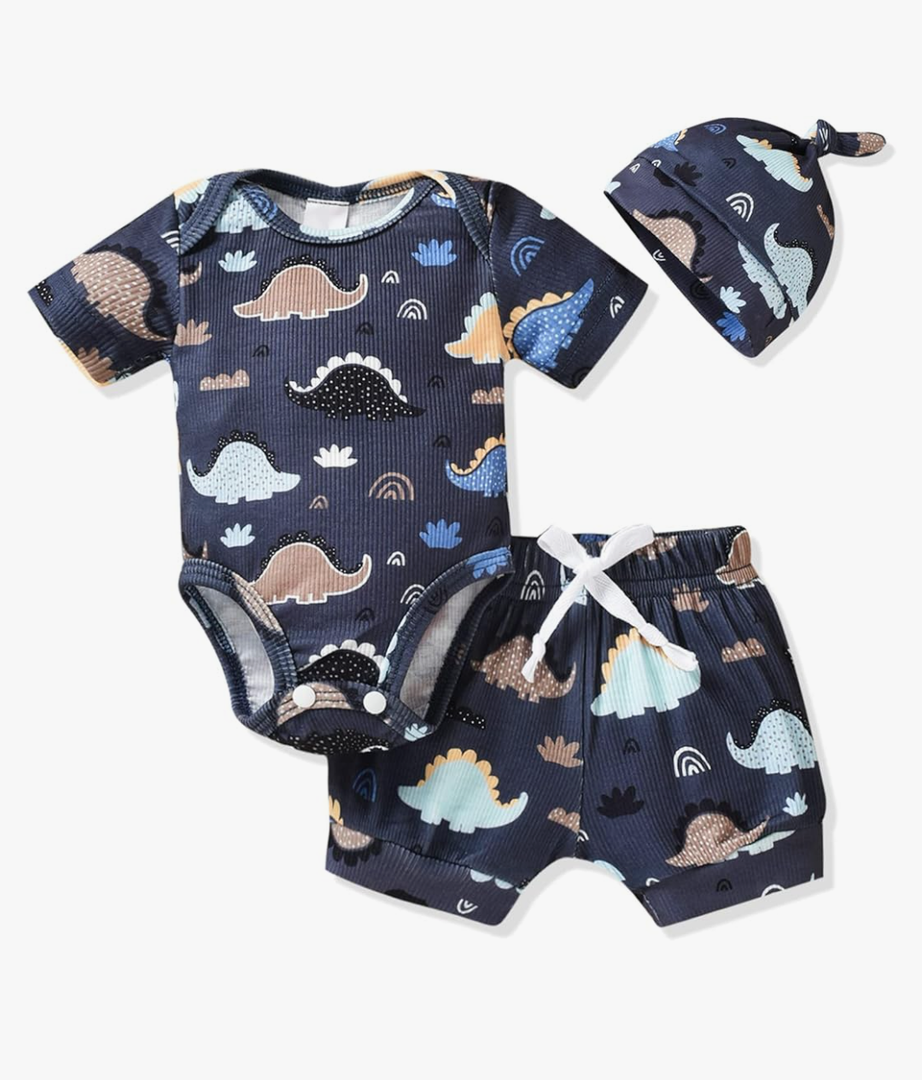 HINTINA Preemie Newborn Infant Baby Boys Outfits Dinosaur Bodysuit Romper Short Pants Hats 3Pcs Summer Clothes Set, Size 52