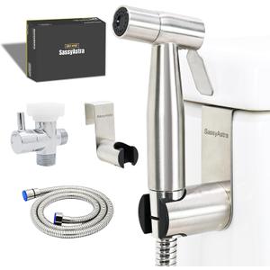 Handheld Toilet Bidet Sprayer  Adjustable Water Pressure, with Hose, Feminine & Pet Wash Kit, Bathroom Hygiene Attachment for Cloth Diaper Cleaning (Quick Install, Stainless Steel) (1 Pack)