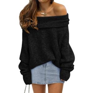 LILLUSORY Womens Off The Shoulder Sweater Oversized Batwing Sleeve Loose Pullover Sweaters Tops (X-Large, Black)