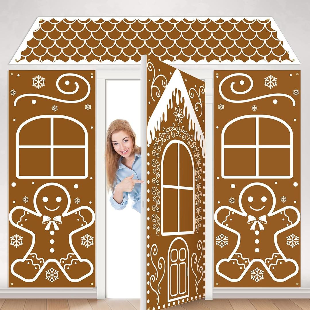 SmoothNovelty 4 Pcs Christmas Gingerbread House Door Cover Decorations Christmas Gingerbread House Backdrop Xmas Candy Door Banners for Candy Party Backdrop Indoor Outdoor(Retro)