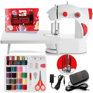 Hearth & Harbor Mini Sewing Machine for Beginners, Dual Speed Small Portable Sewing Machine for Kids and Adults with Extension Table, 48 Piece Gift Set Includes, Pedal, Projects Book and More, Red