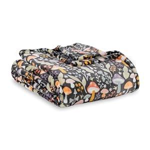 Berkshire Blanket-Classic Heavyweight Soft Printed VelvetLoft Plush Blanket, Full/ Queen Size Soft Fuzzy Warm Blanket for Couch Sofa Bed, Mushroom Cutie Charcoal, 90In x 90In