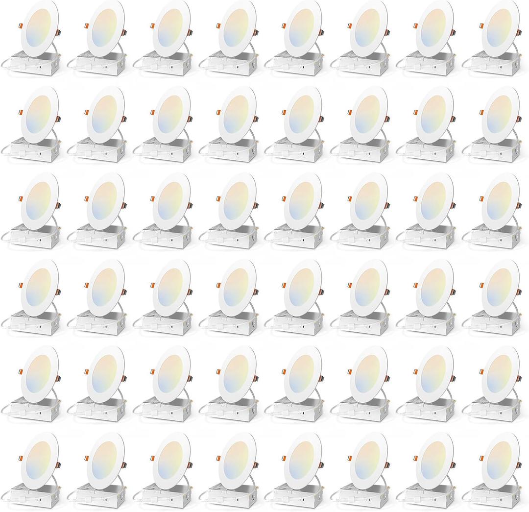 Amico 48 Pack 4 Inch 5CCT Ultra-Thin LED Recessed Dimmable Ceiling Light with Junction Box, 2700K/3000K/3500K/4000K/5000K Selectable, 10W Eqv 60W, 800 Lumens, High Brightness Downlight - ETL&FCC