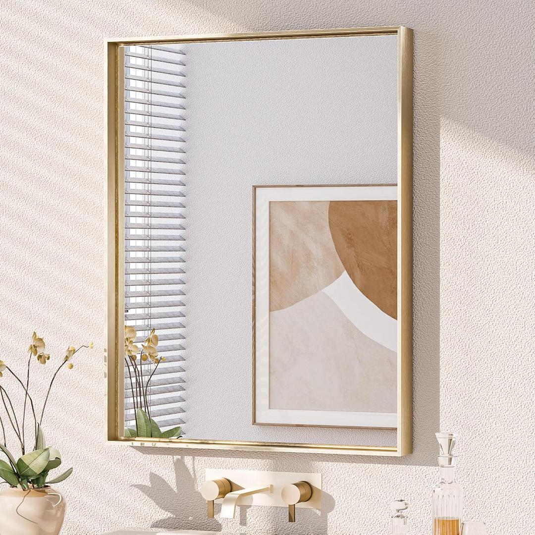 Keonjinn Gold Bathroom Vanity Mirror 28 x 36 Rectangular Wall Mirror Brushed Metal Frame Rectangle Bathroom Mirror for Over Sink Modern Farmhouse Square Corner Framed Mirror(Horizontal/Vertical) (36"L x 28"W, Brushed Gold)
