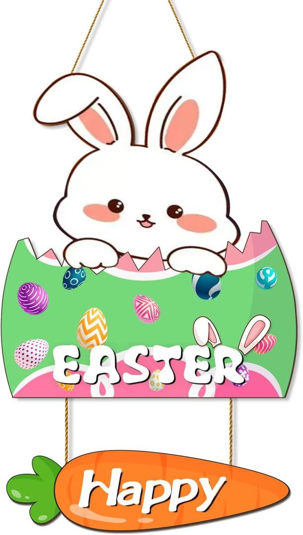 Easter Decorations Rabbit Wall Hanging Sign with Carrot & Eggs | "Happy Easter" Wooden Door Plaque for Indoor & Outdoor Spring Festive Dcor
