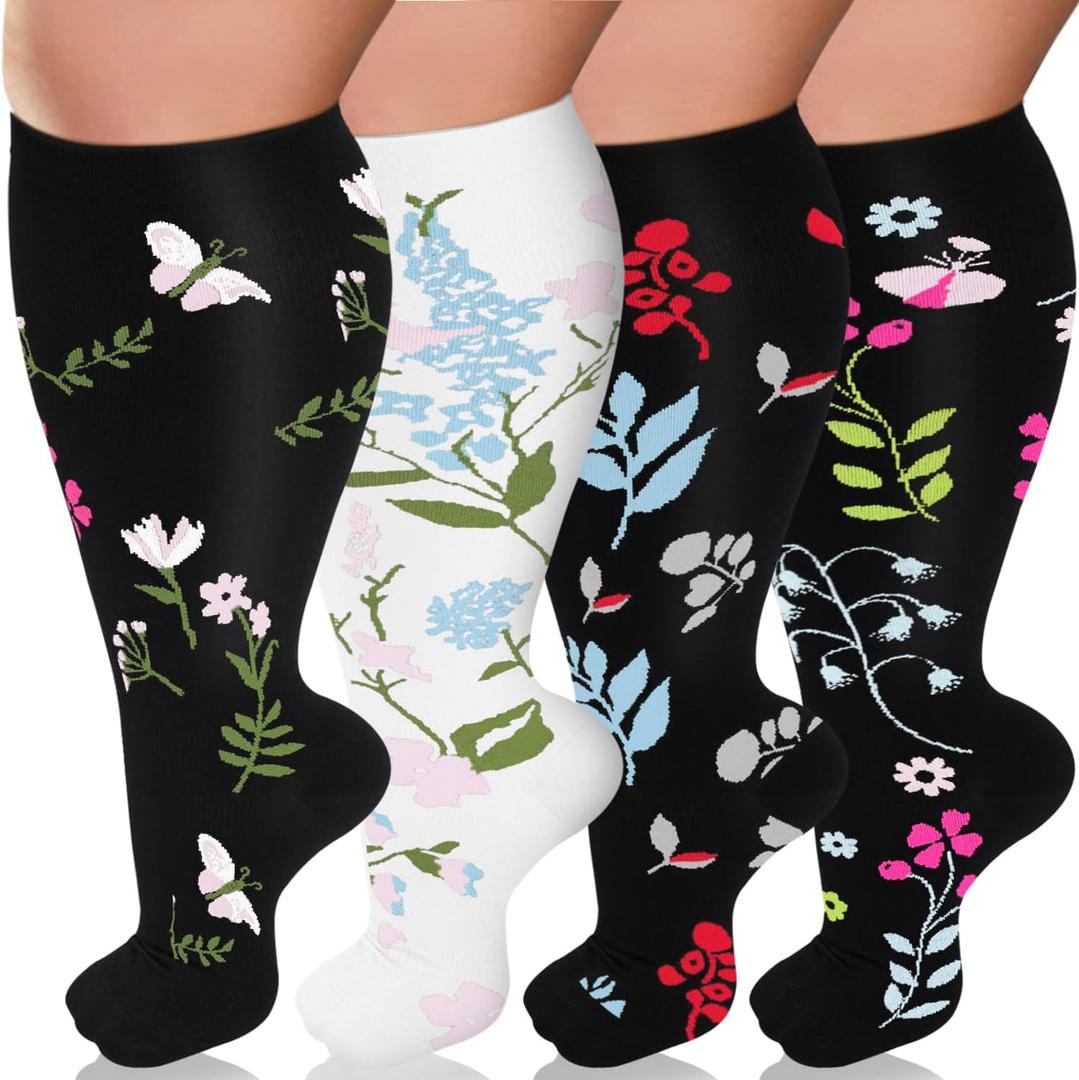 Diu Life Plus Size Compression Socks for Women & Men 15-20 mmhg Extra Wide Calf Knee High Support Socks for Circulation (XX-Large, 00-4 Pack Black/Black/Black/White)