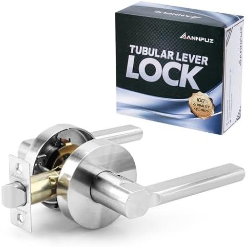 ANNFUZ Round Passage Lever Door Handle Without Key,Non-Locking Heavy Duty Interior Keyless Door Hardware for Hallway/Closet/Laundry Room,Reversible Lever for Left&Right Side(Passage,Satin Nickel)