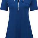 LuckyMore Women's Short Sleeve Zip Flowy Tunic Tops Business Casual Work Office Blouses Shirts (M-3XL) (XX-Large, Navy)
