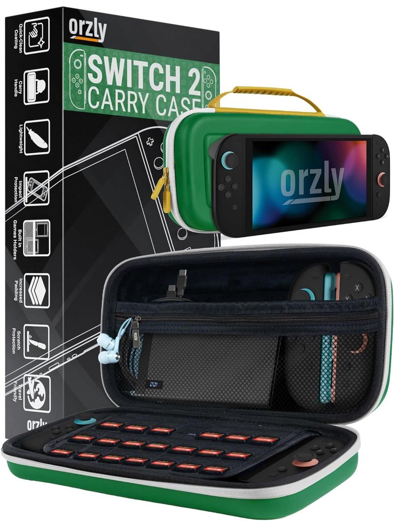 Orzly Case Compatible with Nintendo Switch 2  Protective Travel Carry Case with Screen Padding, Game Card & microSD Slots, Zipped & Open Pockets for Accessories  7.9" Gift Boxed (GRN/GOLD)
