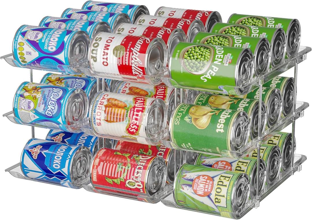 Stackable 3-Tier Can Organizer for Pantry & Fridge  Clear Auto-Rolling Rack Holds 36 Cans | Space-Saving Storage for Soda & Canned Food (3 Interlocking Sets)