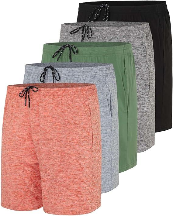Real Essentials 5 Pack: Men's 5" Inseam Dry-Fit Running Workout Shorts - Pockets & Drawstring, S
