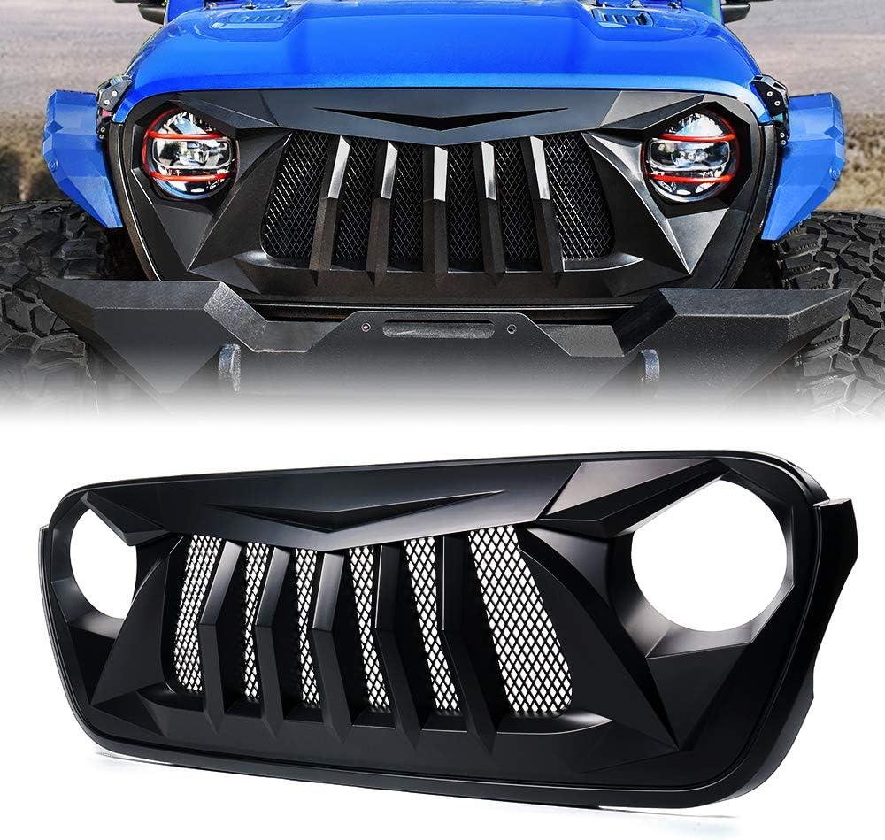 Xprite Matte Black Front Grille Grid Grill w/Mesh Compatible with 2018-2024 Jeep Wrangler JL&2020+ Gladiator JT - Black Widow Series