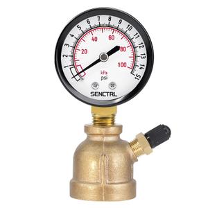 SENCTRL 0-15 Psi Gas Pressure Test Gauge, 2" Dial Size, 3/4" FNPT Connection, Brass Valve, Forged Brass Bell Shape Body Assembly