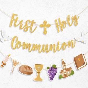 Yeaqee First Holy Communion Banner Kit Gold Glitter First Holy Communion Decorations Christian Religious Banner Baptism Decor for God Bless Baby Shower Birthday Party baby's 1st Birthday