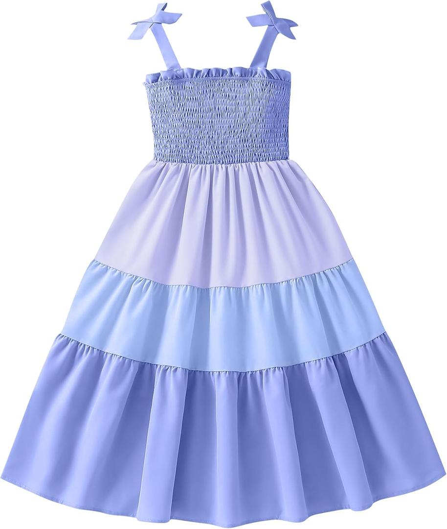 Hilinker Girls Cute Smocked Dress Summer Sleeveless Shirred Tiered Ruffle Dresses Blue 9-10Y